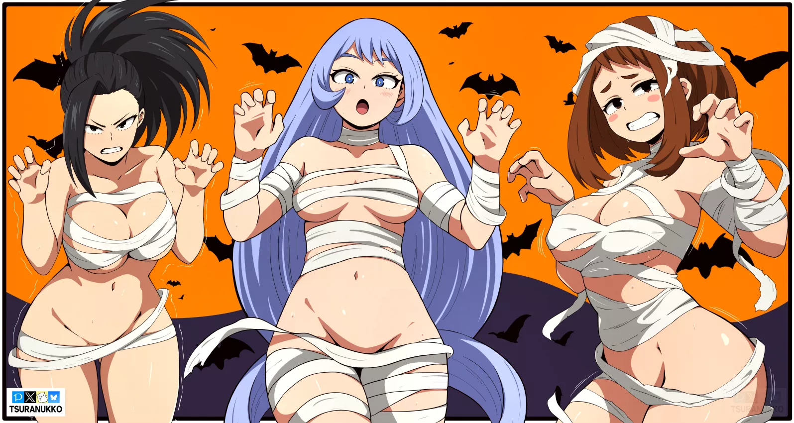 Happy Halloween From Momo, Nejire, and Uraraka, Art by me (@Tsuranukko) 