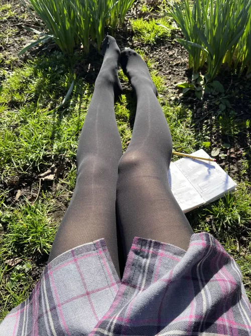 Long legs and short skirts in pantyhose are a perfect pairing