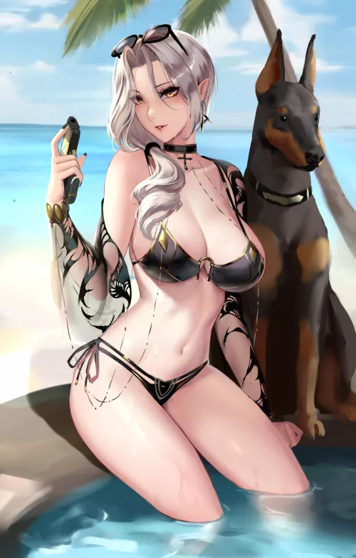 Carmilla gives a sexy pose with her Dobermann in the Beach [FGO] (Cian Yo)