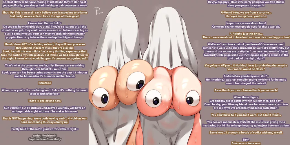 Halloween Partying With Mommies [MILFS][Halloween Party][Exhibitionism][Implied Incest][College Frat][Ghost Costumes][Googly Eyes][Artist: Mochizurin]