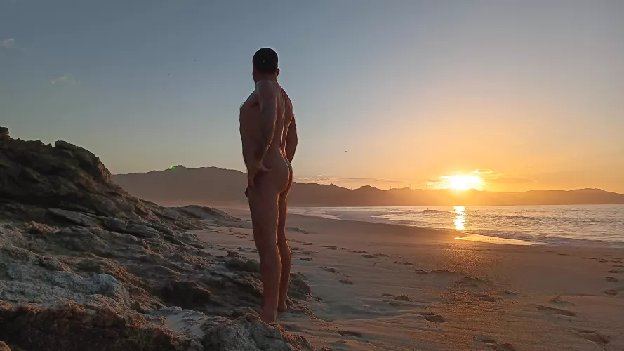 Sunset nude beach. Autumn time