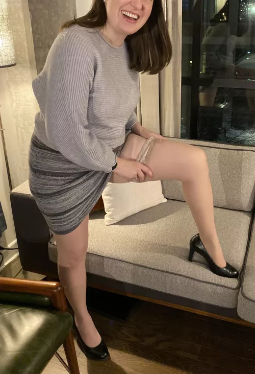 u/hotsocksandheels wanted me in a miniskirt, stockings and heels.  Hubby snapped the pic before I was ready.  I little innocent, but I hope you like it.