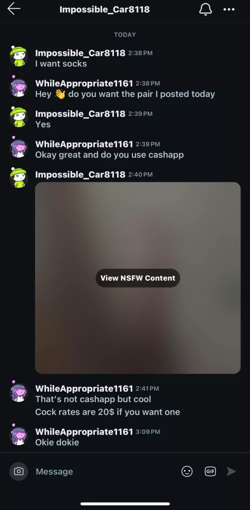 Impossible_Car8118 flasher and time waster. Messages under the guise of buying socks 