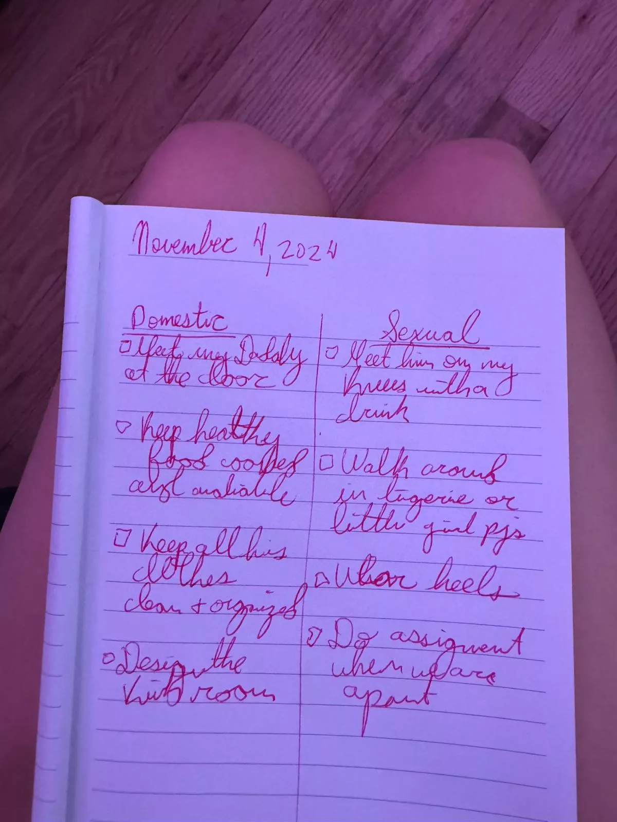 My assignment: what are my domestic responsibilities and what are my sex slave responsibilities.