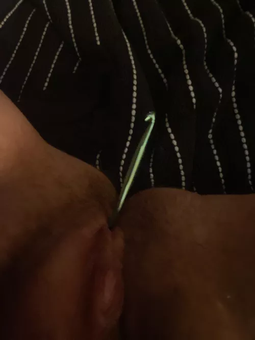 My first post here! This is a 6mm crochet hook in my piss hole 