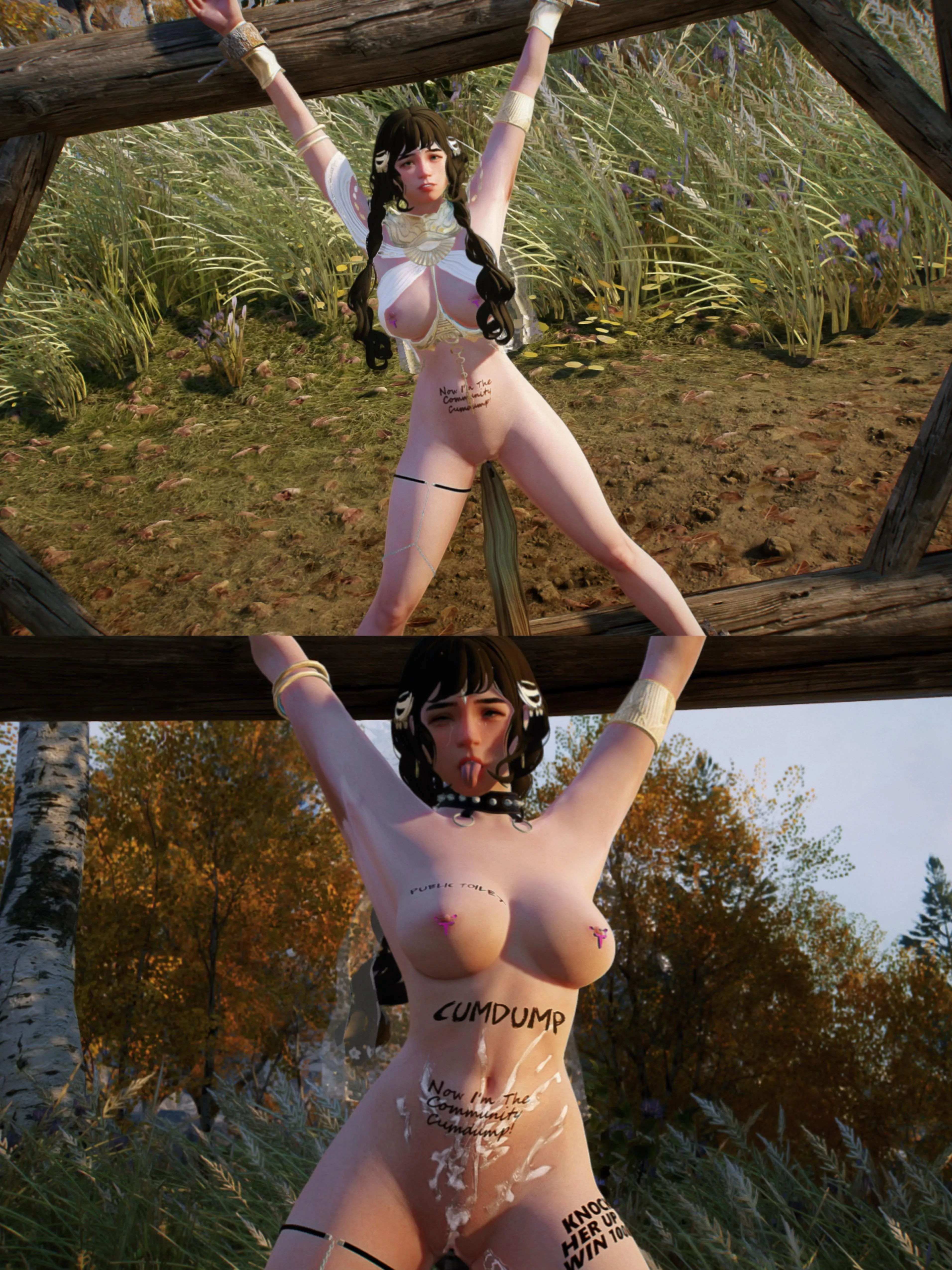 “Please help!!! Some bandits tied me here and stuck the key in my ass. A kind man like you will surely help a lady out of this, right? “