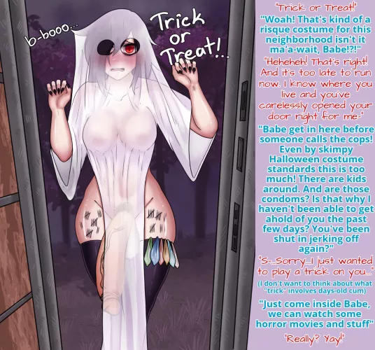 Your stalker shows up unexpectedly at your front door on Halloween night [Halloween Special] [Futa x Male] [Yandere] [Wholesome] [Humor] [Huge Cock] [Exhibition] (Artist: Dokima)