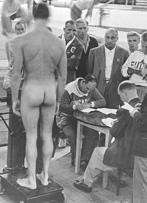 1948 Olympic wrestler weighing in.