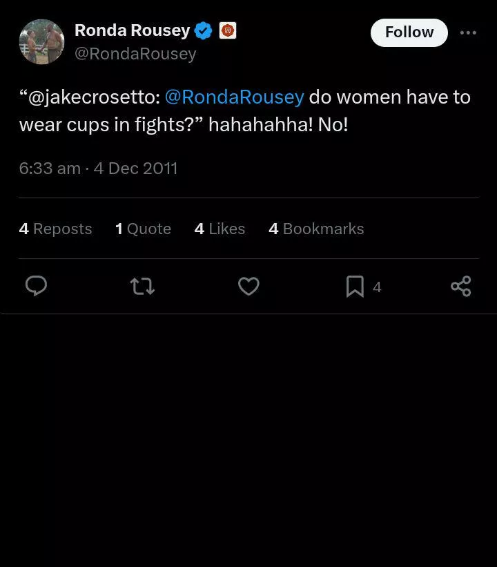 As a Fierce UFC/MMA Fighter She gave a pretty definitive Answer. Do women wear Cups in UFC/MMA? A Big No.