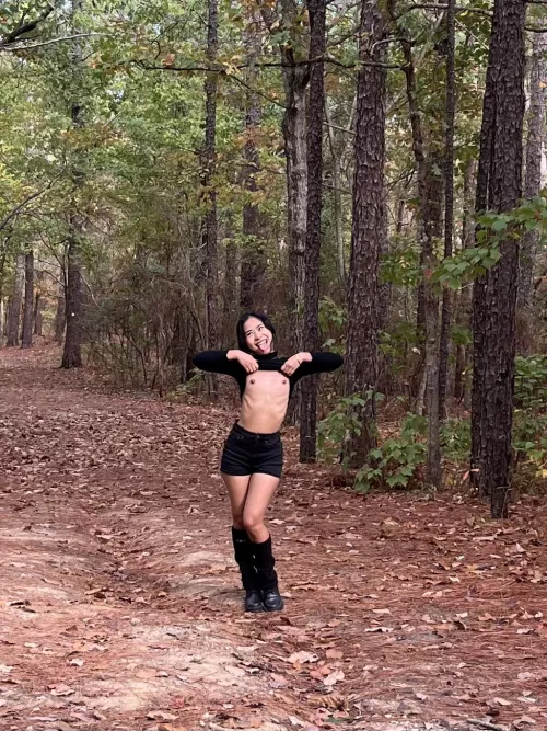 Asian baby on a hike trail 