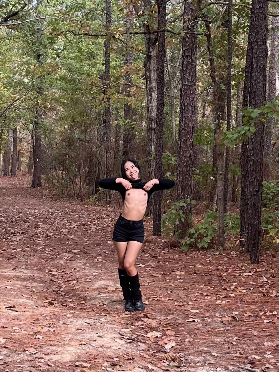 Asian baby on a hike trail 