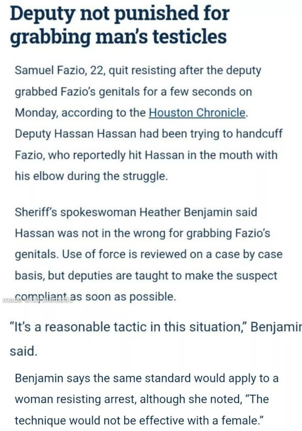 Female Attorney says the same standard would apply to a woman resisting arrest, although she noted, “The technique (Genital squeeze) would not be effective with a female.” - Great Pussy Envy Inducing Article.