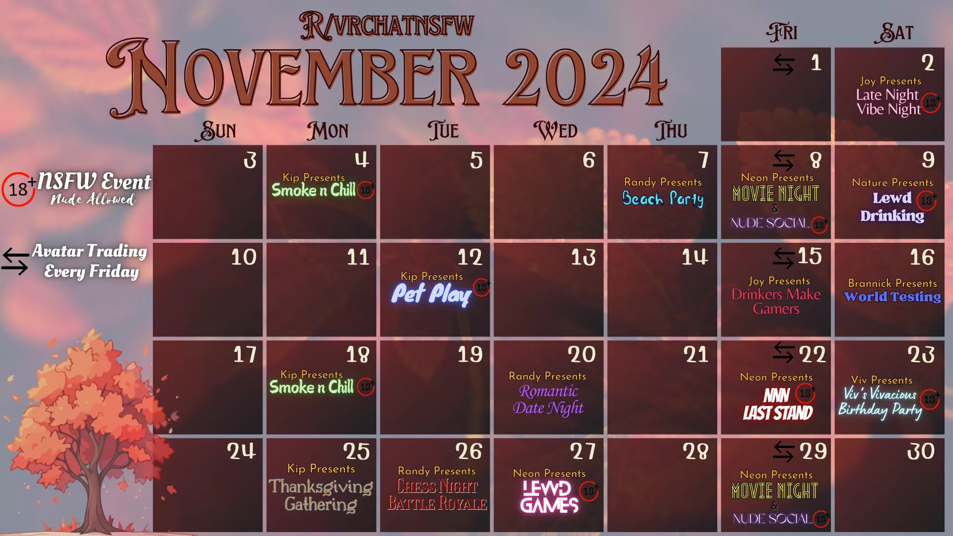 Official VRChatNSFW November Events Calendar! 🍂 (must be age verified 18+ in the discord server to be in the private vrc group so you can attend)