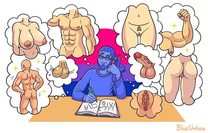 Feels like this belongs here. So many bi thoughts to have. Artist is BlueUmbra.