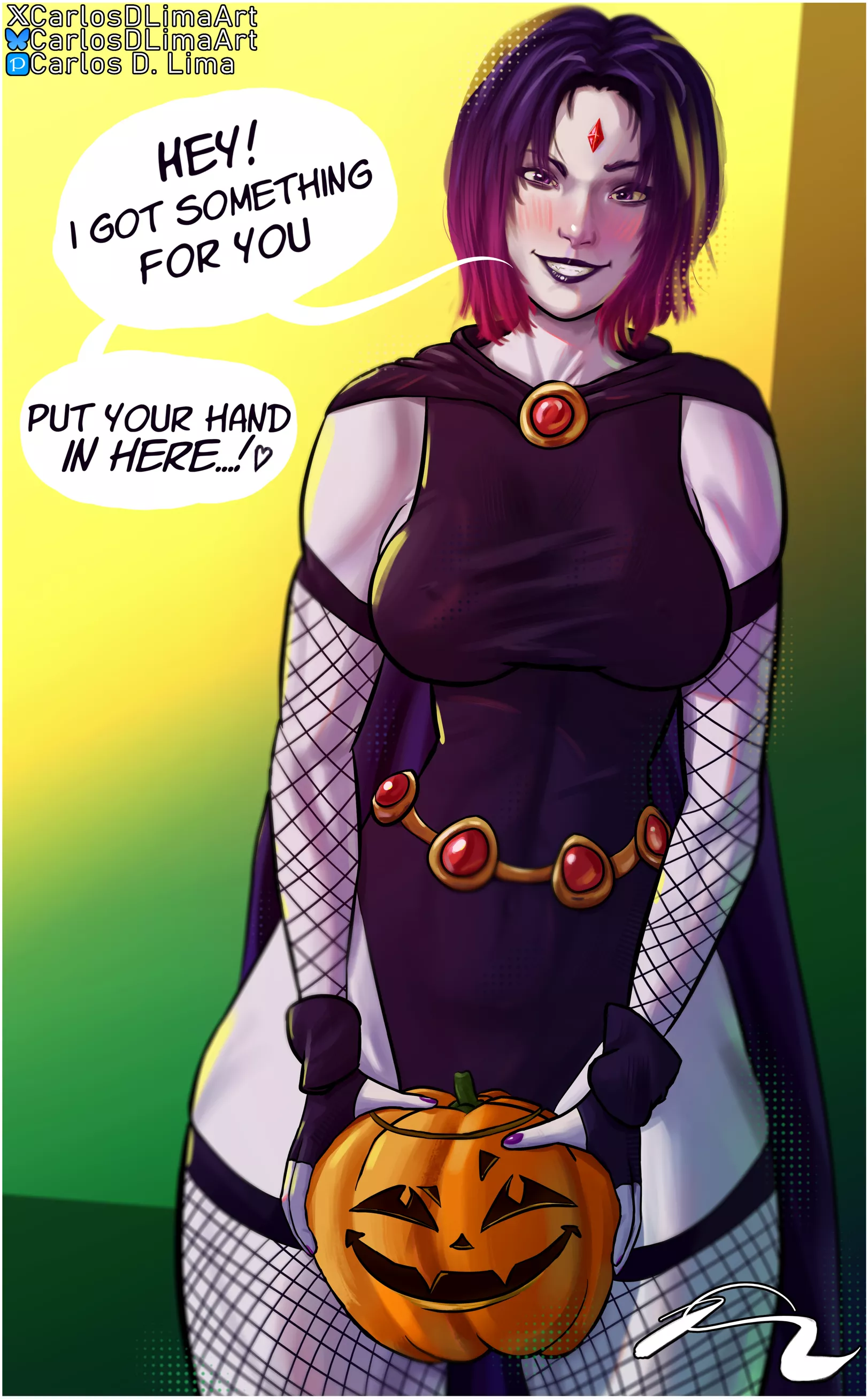 Raven tricking AND treating (art by CarlosDLima, aka me)