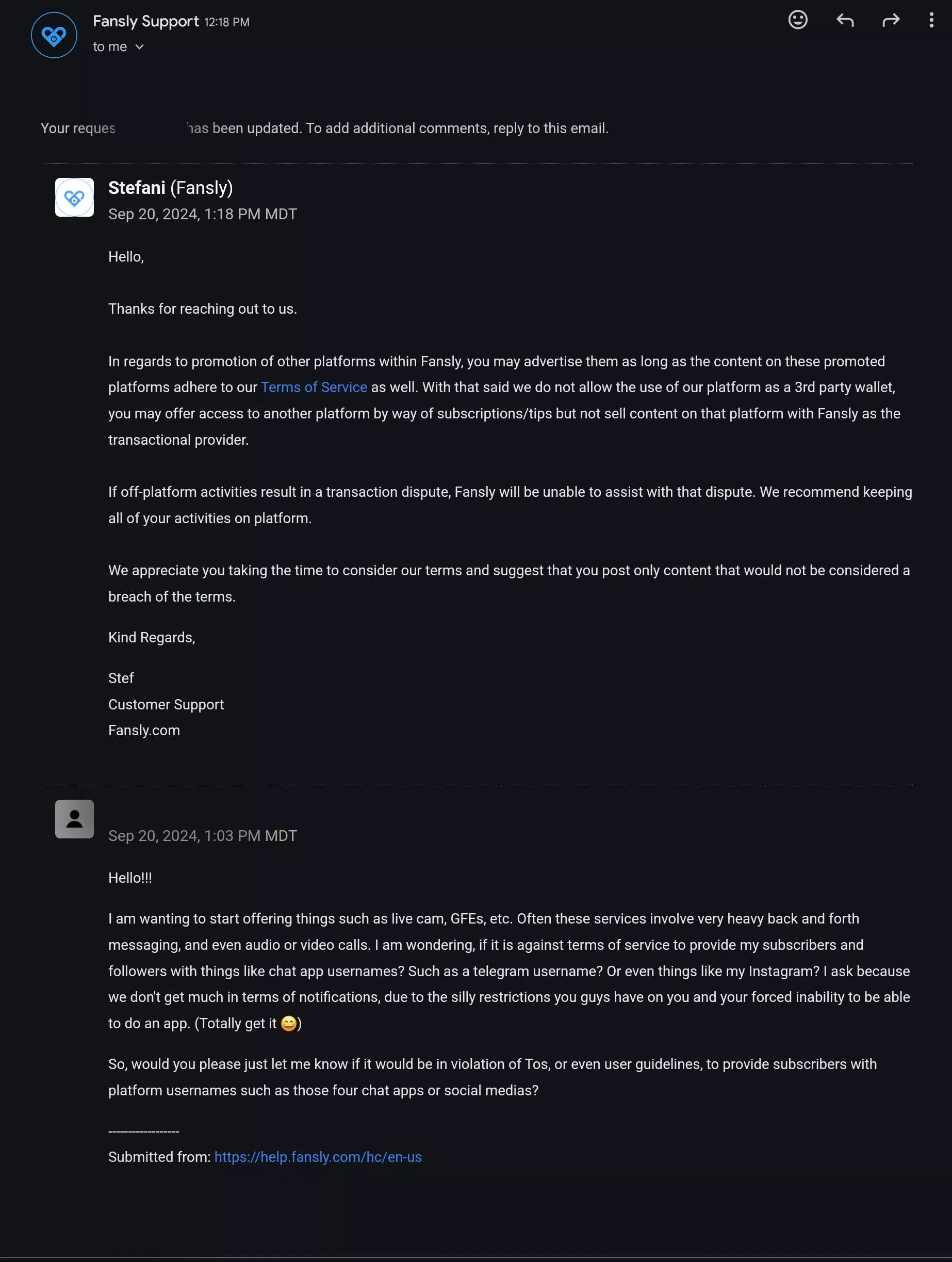 Can we dirct users off Fansly to other sites / apps? - Support's Response 