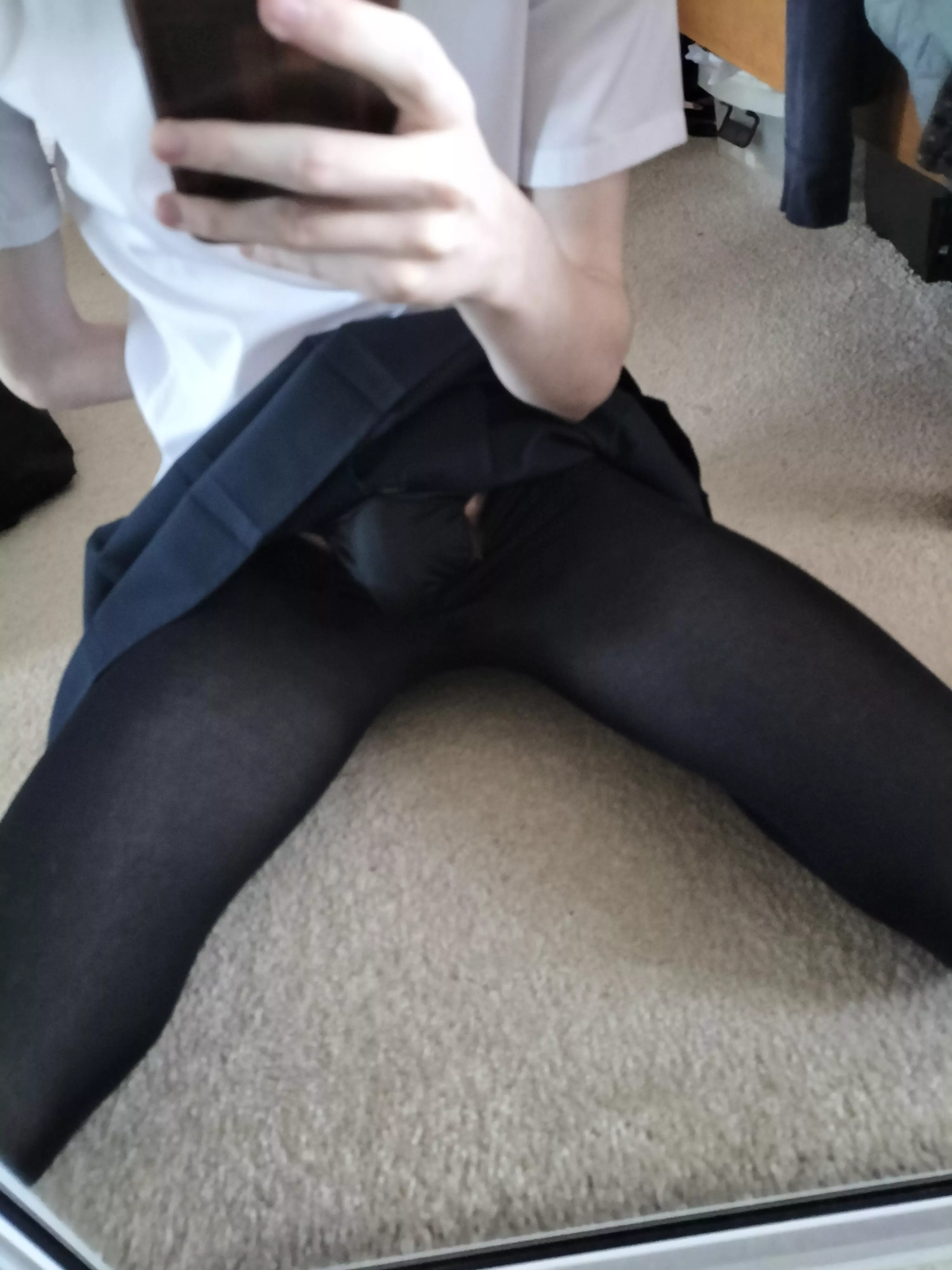 Dressed up as a slutty school girl for halloween. Like my bulge? 