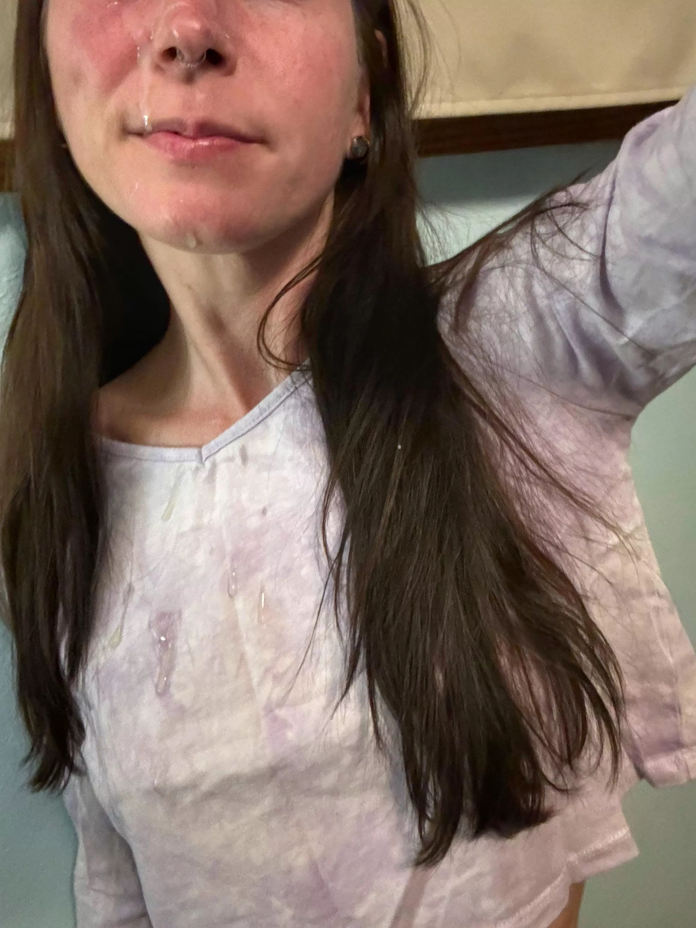 It’s a bigger load than it looks like. My eye and forehead caught most of it, hah. Of course it always hits the shirt, too. 