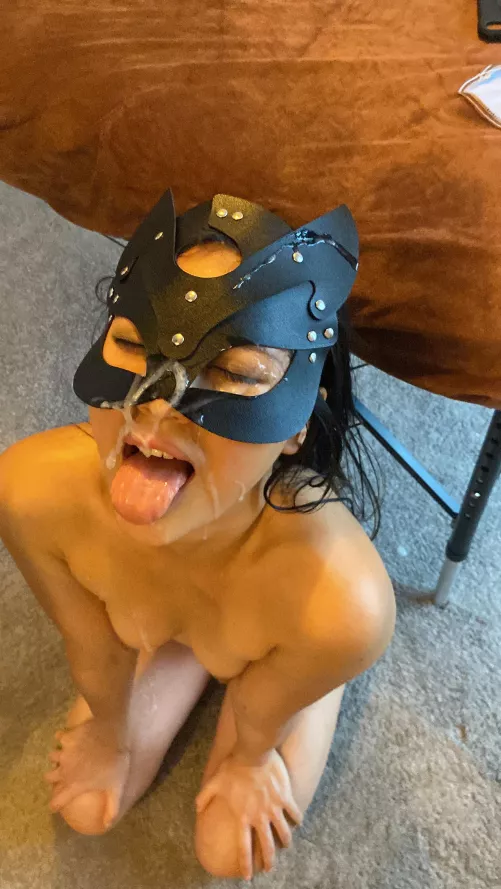 On my knees, mouth open and tongue out like a good cum slut 👅