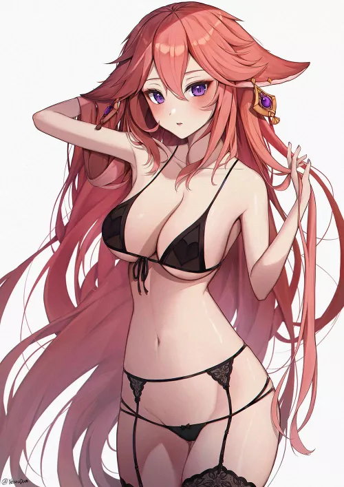 Yaw wearing black lingerie 