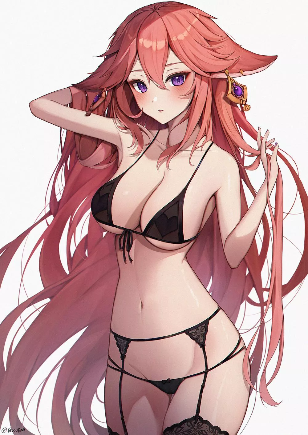 Yaw wearing black lingerie 