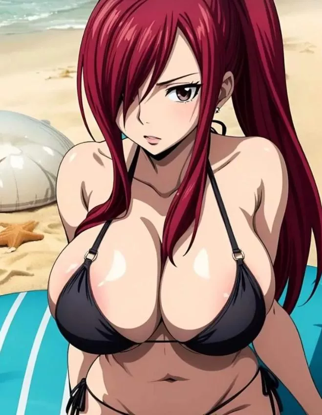 Beach ready tits of Erza Scarlet 