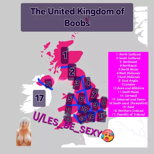 🎰 Competition time: United Kingdom of Boobs. First person for each of the 17 areas listed on the image below will receive a gift from me, please only send pics if you are happy for me to share your pic on the map below. F31 bi UK mummy. 😍 Competiti