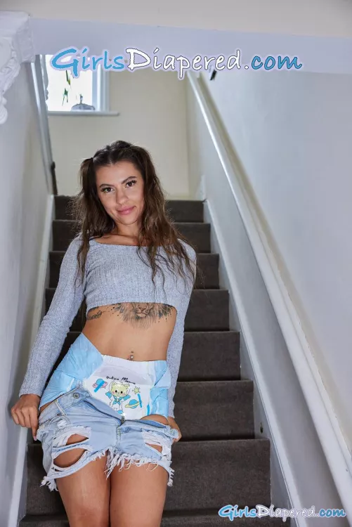 New...Xena Astro Babies diaper & denim shorts on the stairs...