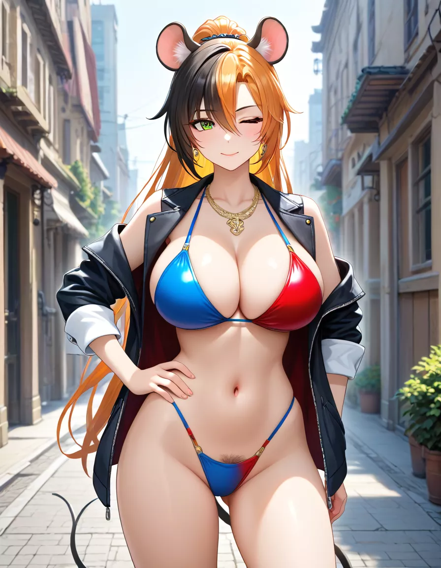 Rat girl multicolored hair and bikini