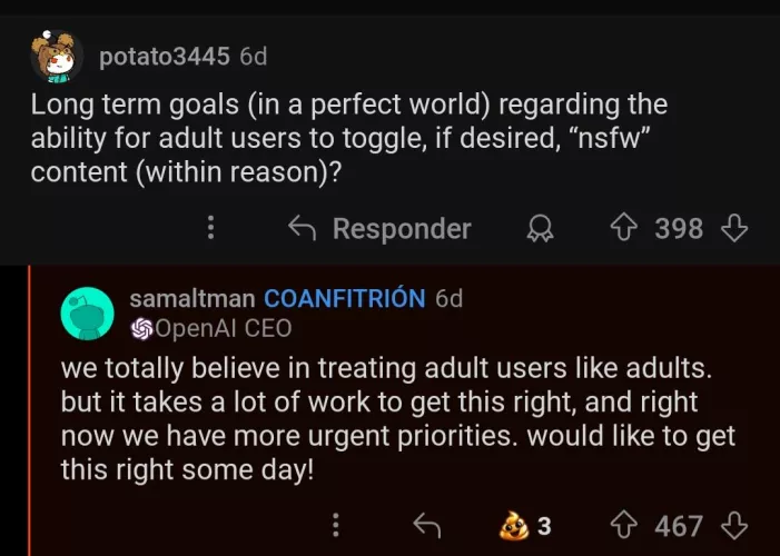 Sam Altman (CEO ChatGPT) responds to a request for NSFW option on ChatGPT: 
