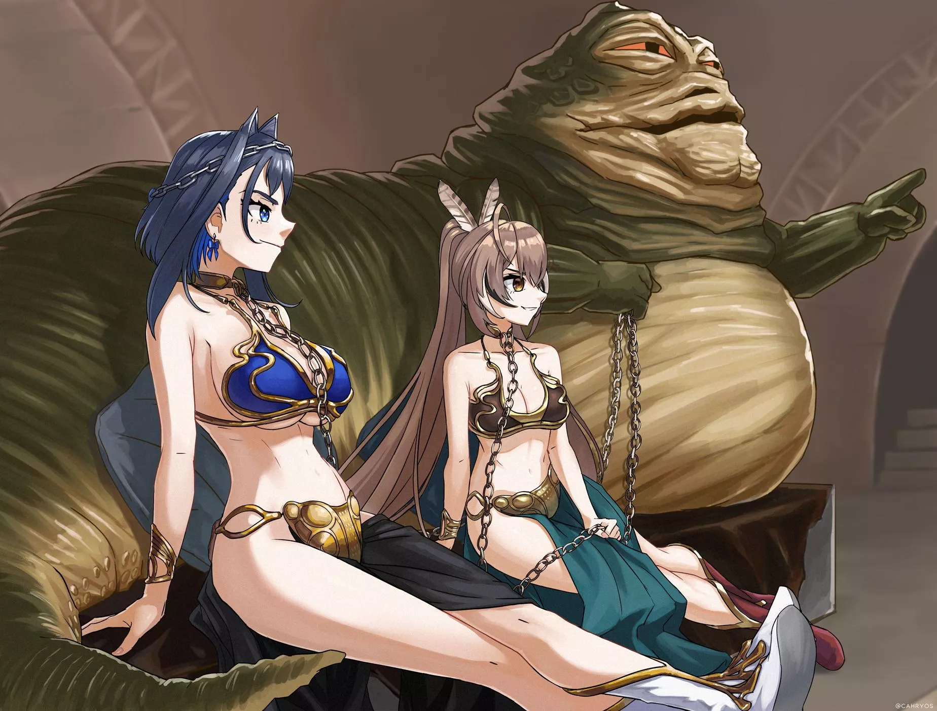 Slave Kronii and Mumei (commissioned by me, art by Cahryos)