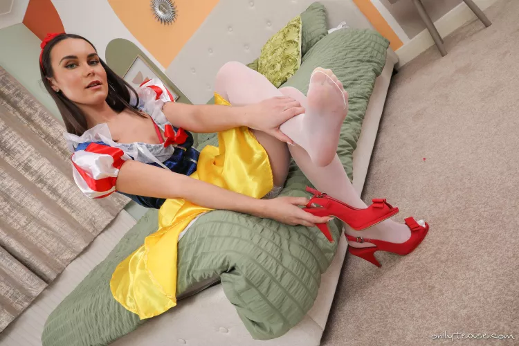 OnlyTease Hattie Grace in a sexy Snow White outfit with sheer white stockings