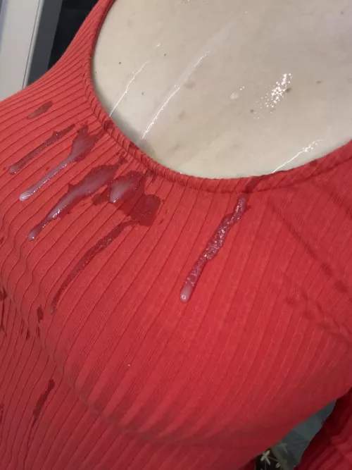 Some cum got under my clothes on my tits