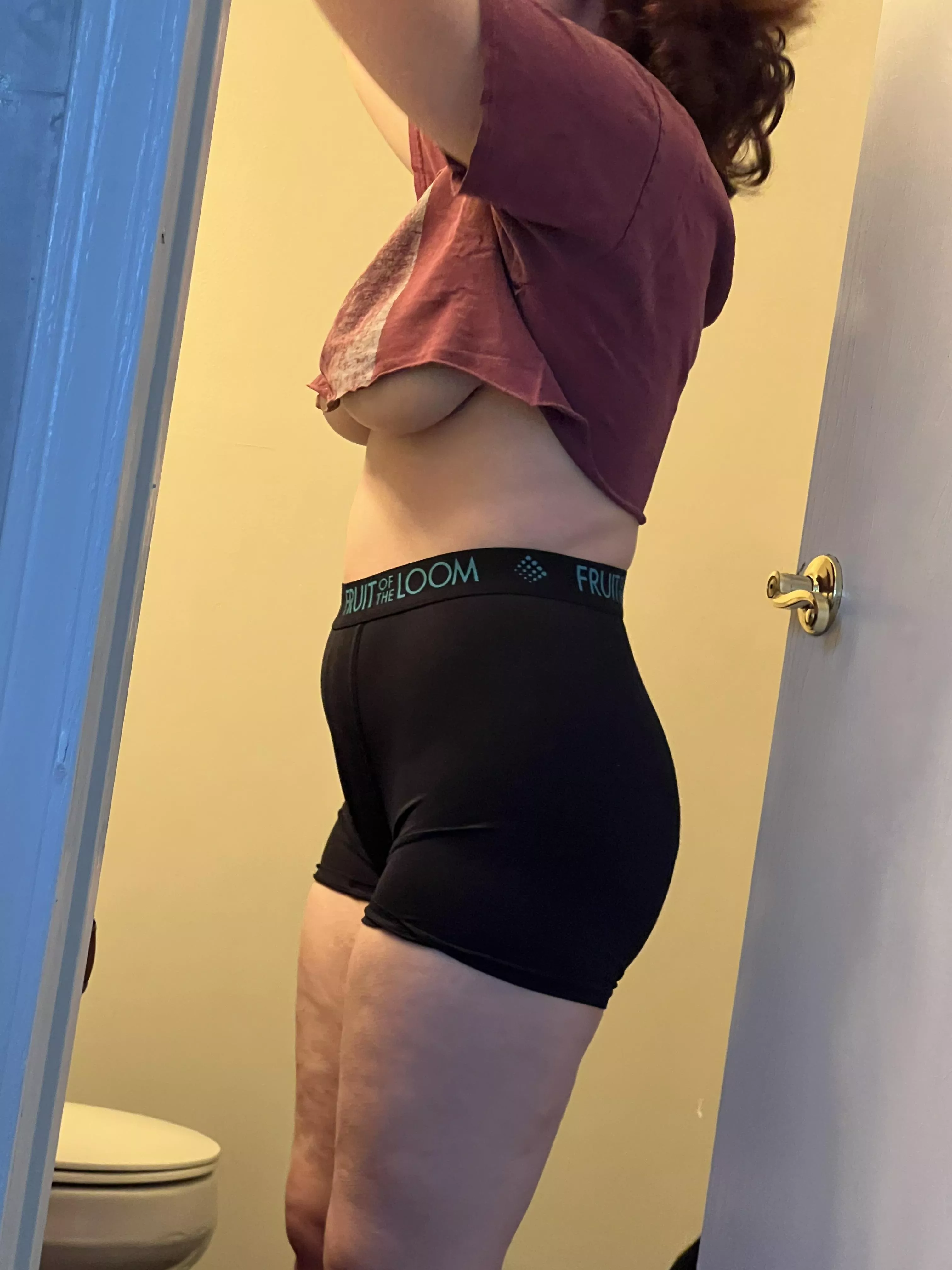 Wife underboob. Looking sexy in boxers. Rate?