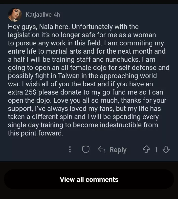 Nala Nova says it is no longer safe for her to do sex work due to the legislation and plans to change her career... Can someone explain what legislation she is reffering to?