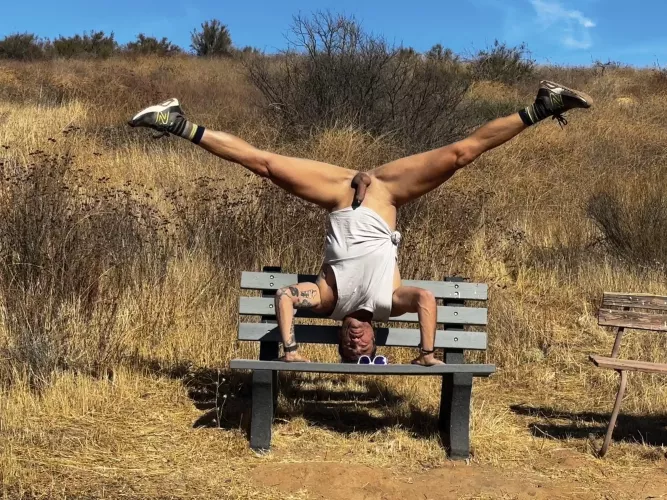 Some practices on a bench along a path 