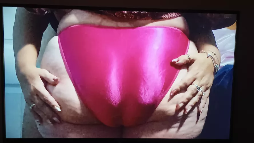 This Is What You'll Get When A Thick Amateur Woman Who Wears A Size Large Puts On A Size Medium Vintage Pair Of VS Silky Hot Pink Fullback Satin String Bikini/Panties 