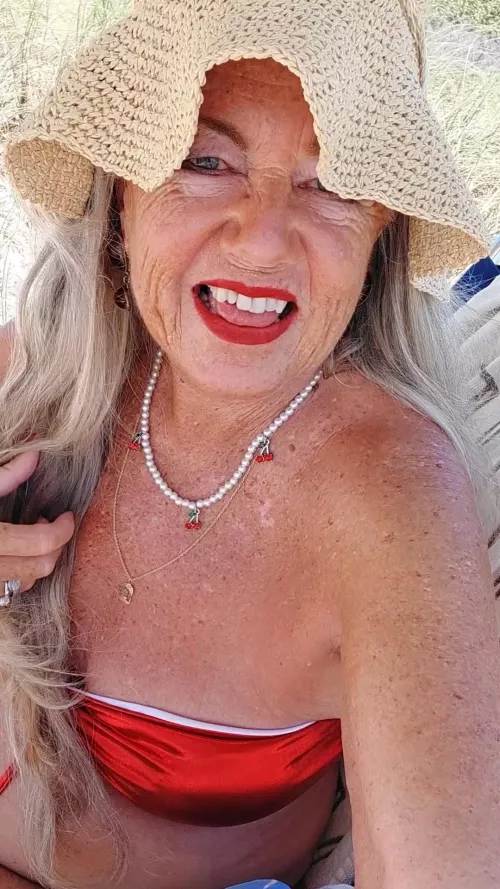 Granny wears her cherry pearl necklace 