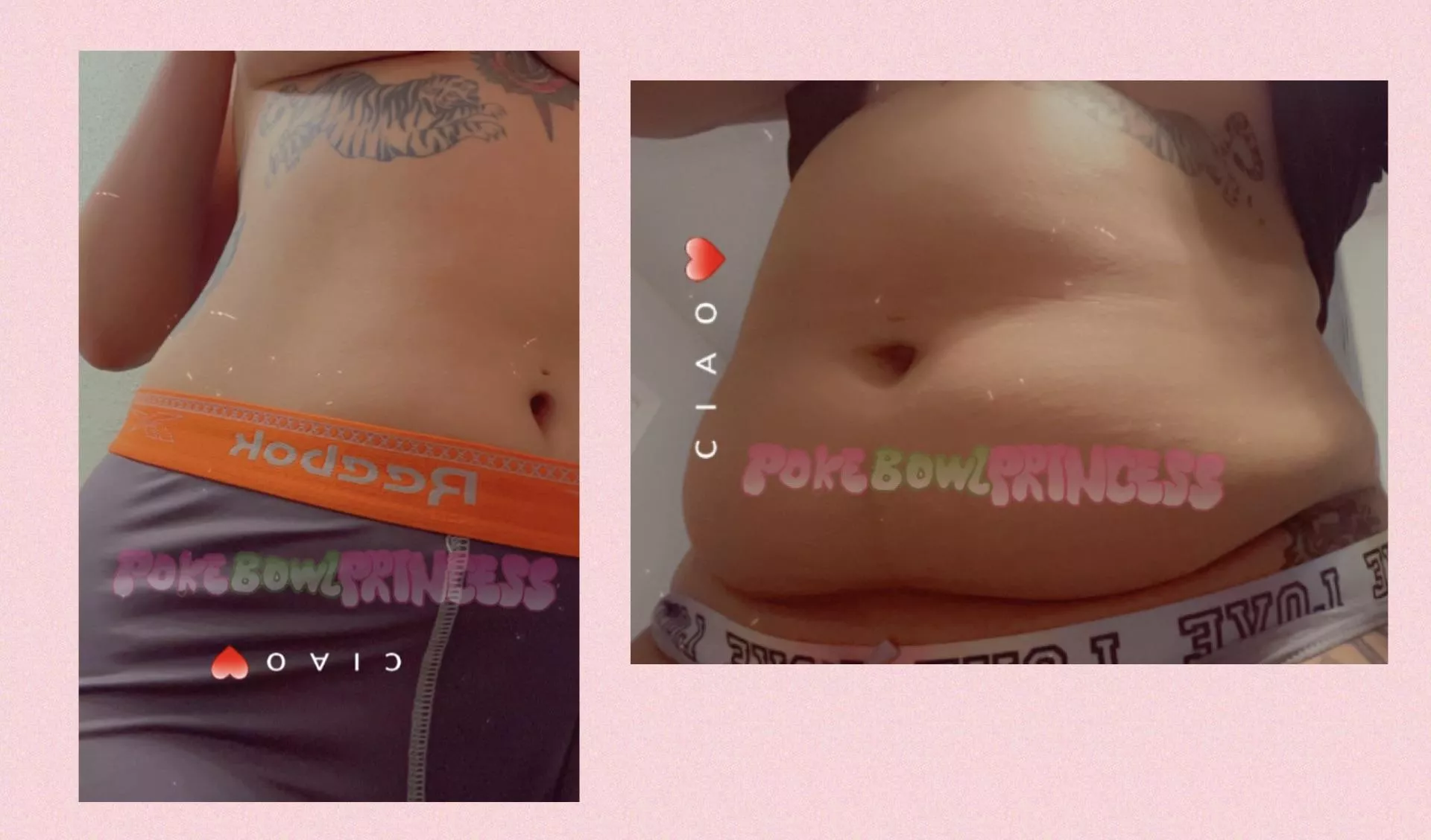 A little before and after of my belly growth progress 🤭✨ from a slim toned belly to a BIG hanging belly 😝💖