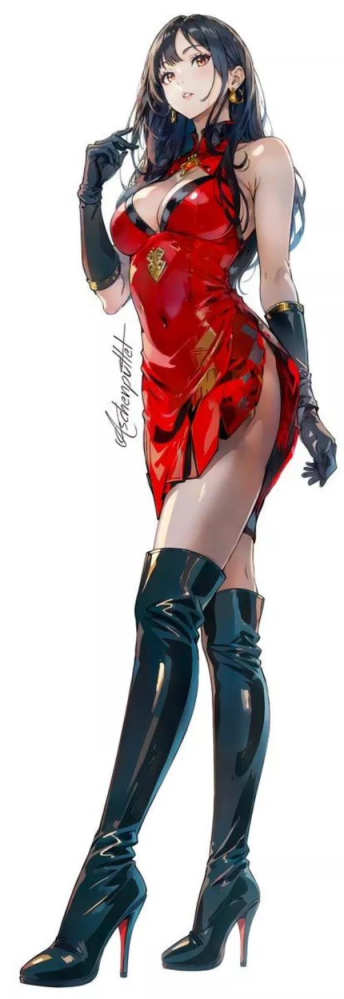 Red China Dress & Thigh Boots 
