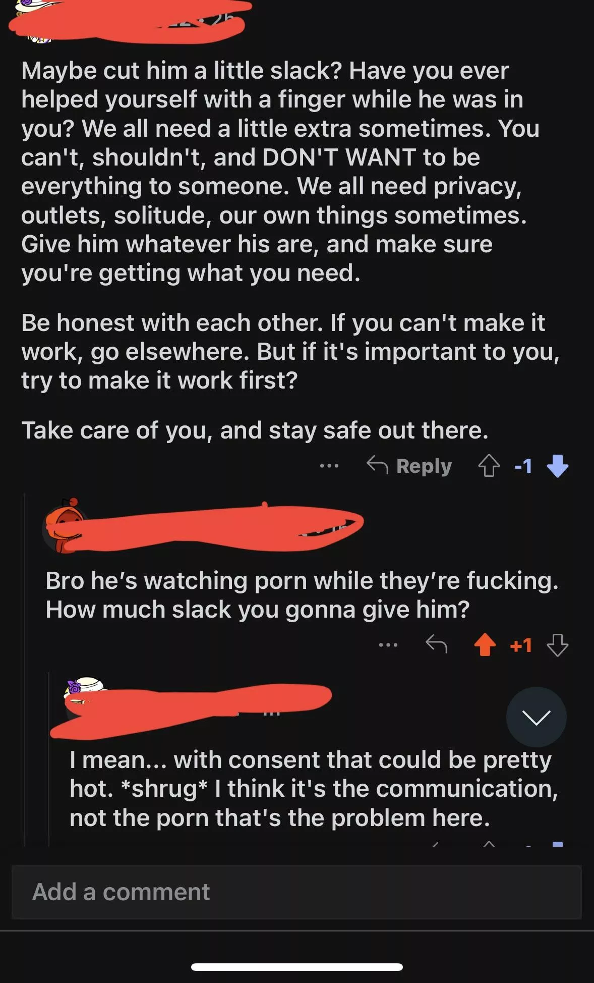 On a post where a girl says her bf watches porn during sex with her without her consent.