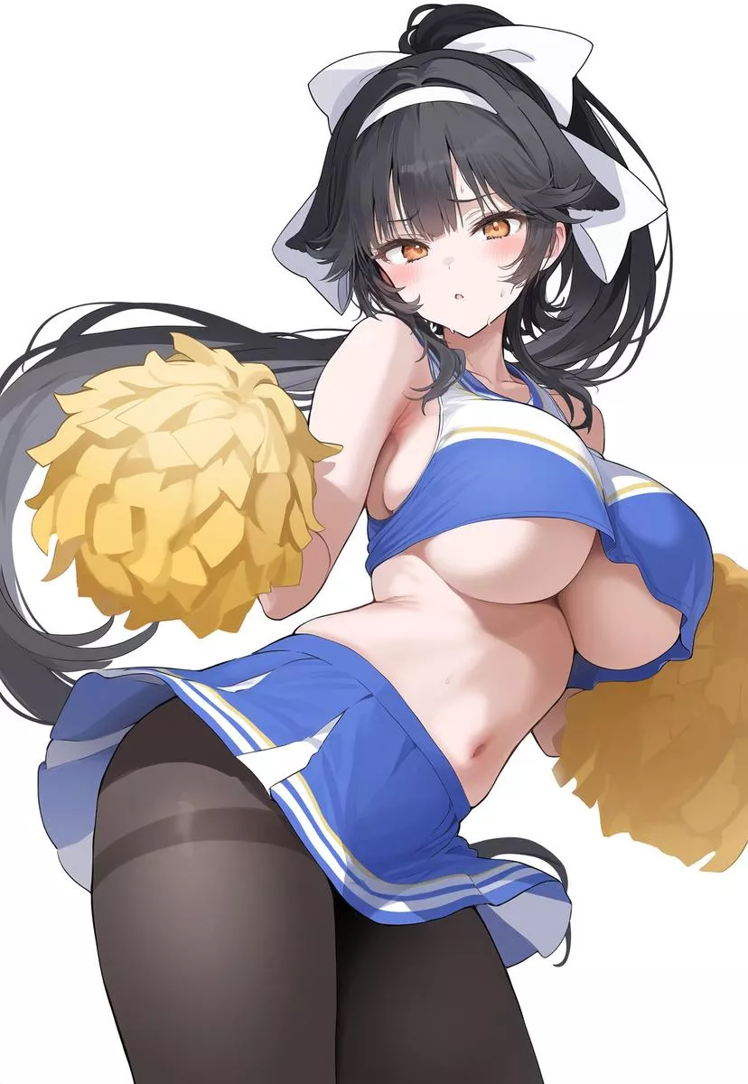 Takao is embarrassed. Her underboob is completely visible to you.