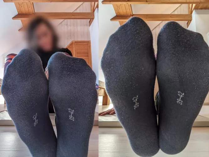 After her training my wife (40) wants to press her socks (42EU) into your face! Hold still and smell!