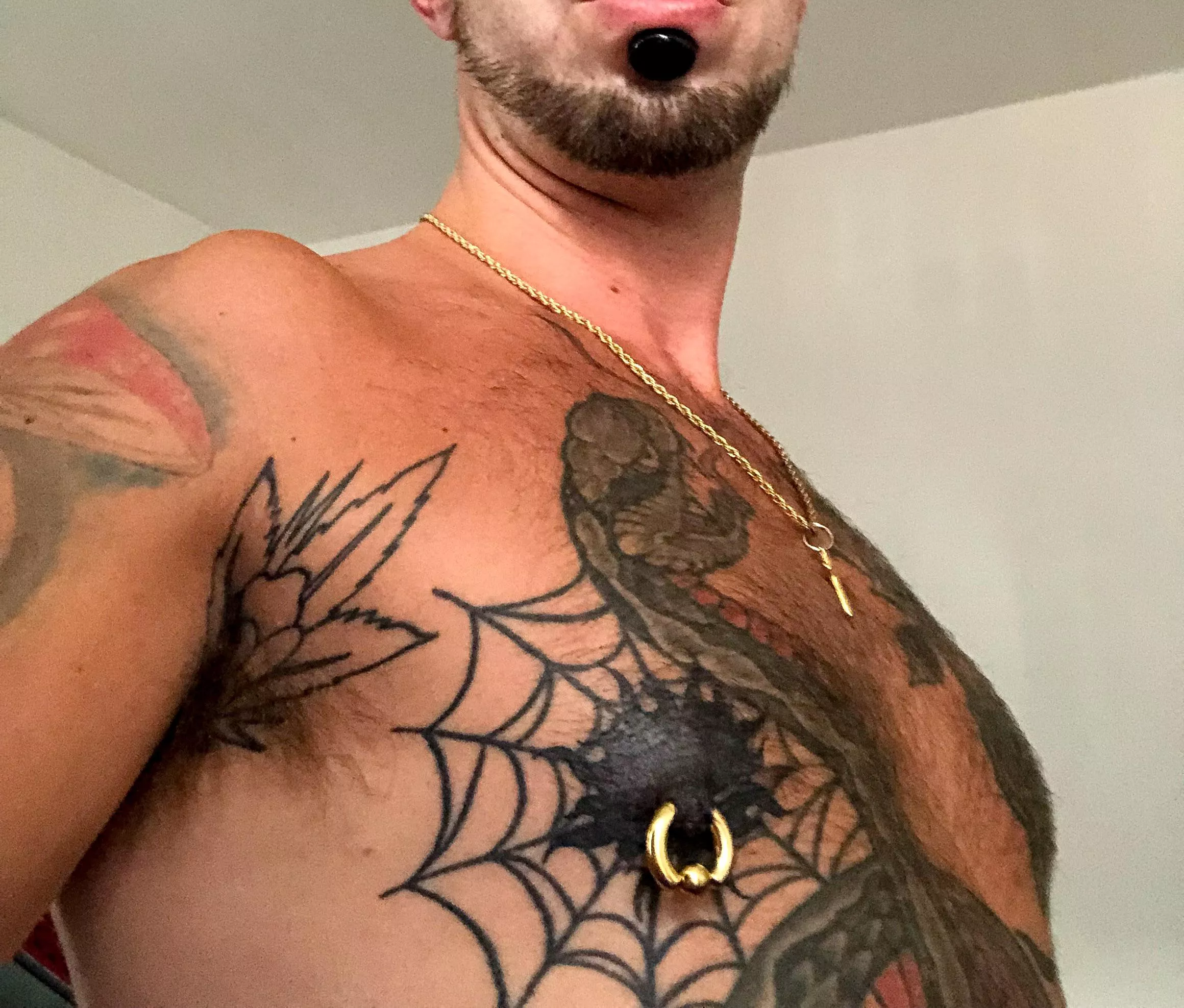 5mm gauge gold ring in my blacked-out nipple 🤘🏼😉😁