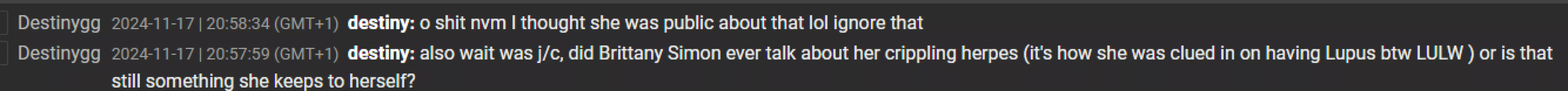 Destiny tells his audience that Brittany Simon has herpes