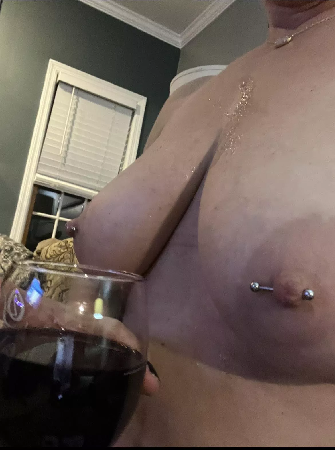 Enjoy my wine with a load on my tits