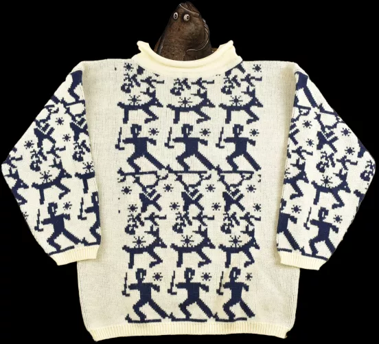 First sweater completed! Human for my partner! (He's very excited about the fit, he's just being silly for the camera)