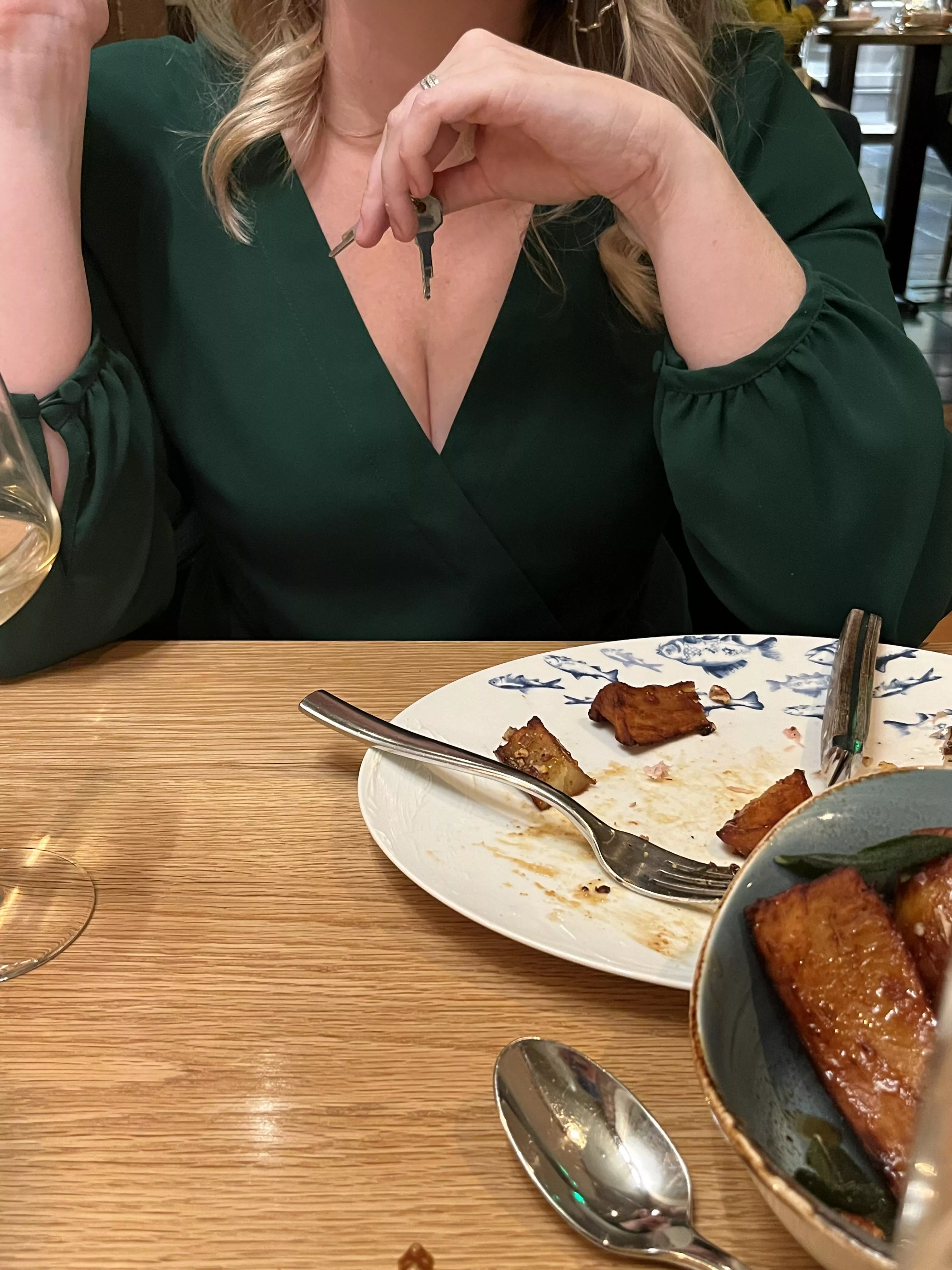 Out at a nice dinner, she teases me Out at a nice dinner, she teases me