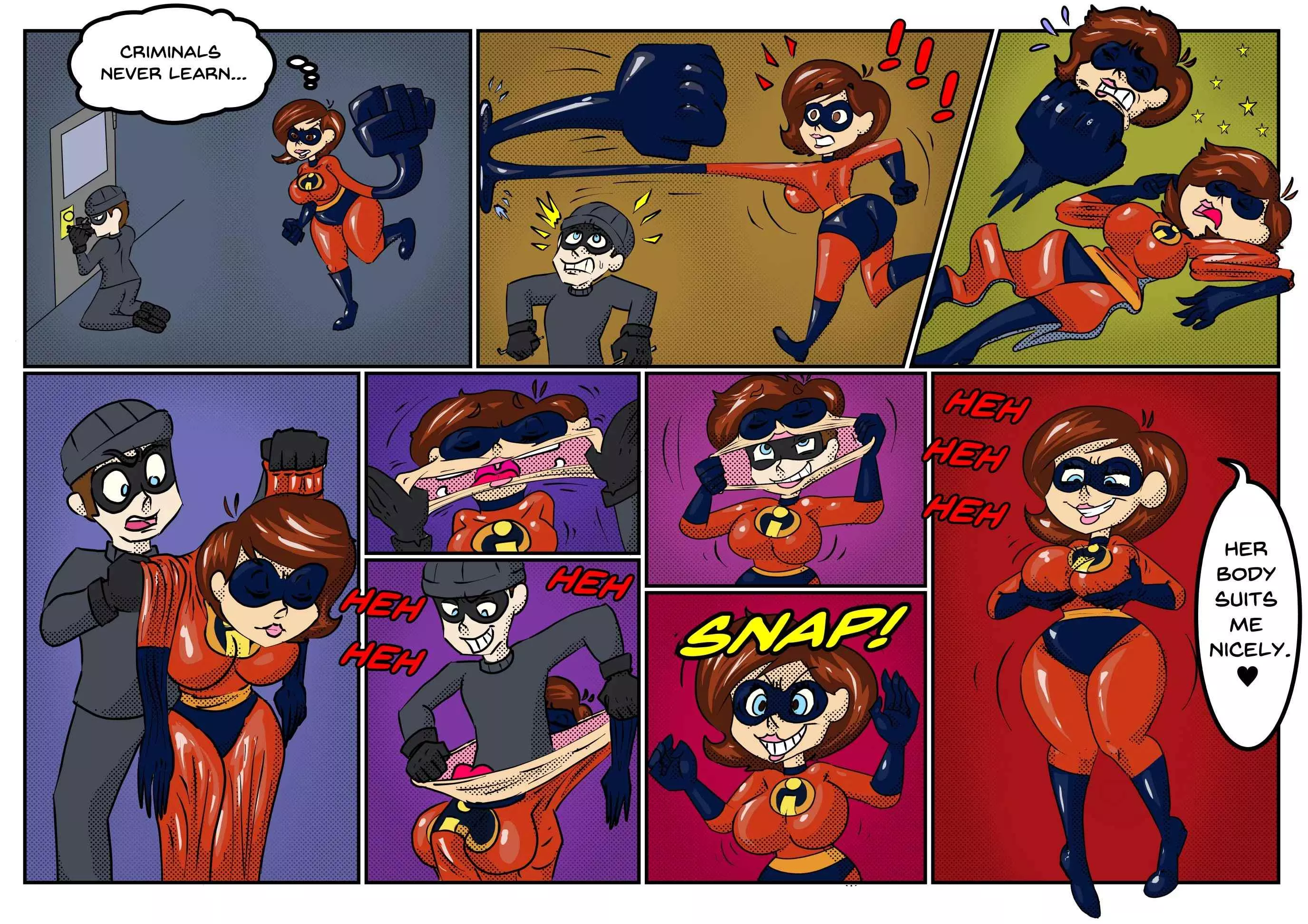 (F4A) Elastigirl didn't realize she could be worn as a skinsuit until she got knocked unconscious. Unfortunately, she had to figure this out the hard way... (F4A) Elastigirl didn't realize she could be worn as a skinsuit until she got knocked unconscious. Unfortunately, she had to figure this out the hard way...