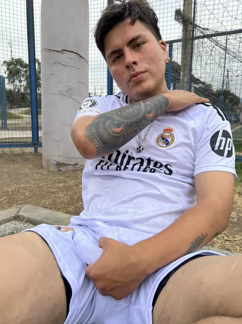 Look at this bulge haha. It's so hard from today's warm up. Do you want to taste me? It's all sweaty haha